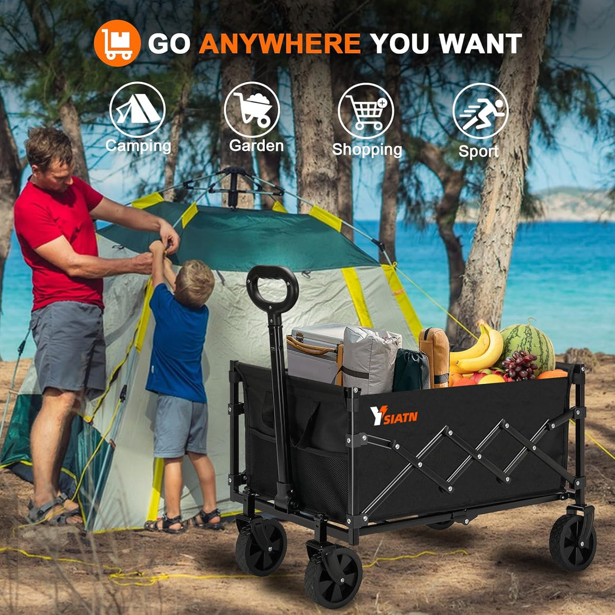 Collapsible Wagon Cart Foldable with 350lbs Weight Capacity, Lightweight Utility Shopping Cart with