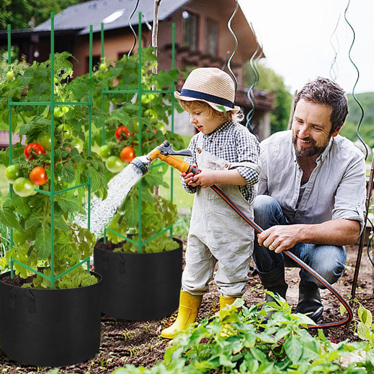 4 Packs 47 x 12 Inch Garden Tomato Cages with Grow Bags- Triangle Plant Support Trellis Assembled