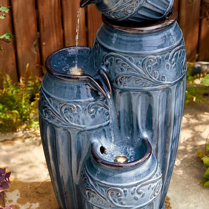 Glitzhome 35.5" H Oversized Outdoor Water Fountain with LED Lights and Pump, 4 Tier Turquoise
