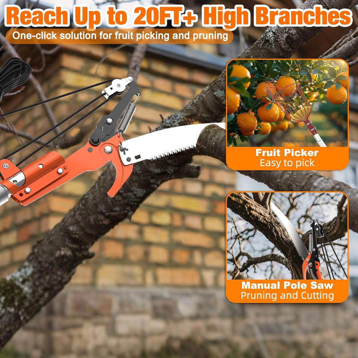 26FT Tree Trimmer, Manual Pole Saw with 5-20FT Extension Pole, Fruit Picker for Orange Lemon Mango