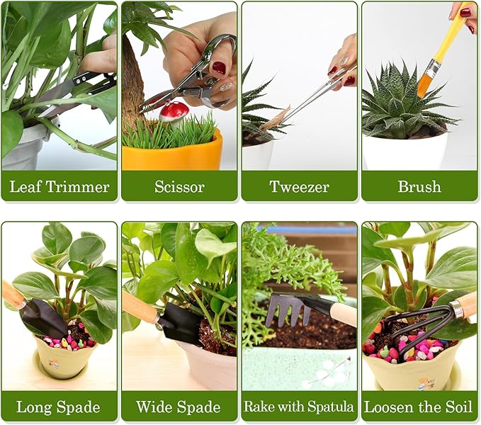 9 Piece Basic Bonsai Tools Set, Includes Pruning Shears, Mini Rake, Fold Scissors and More