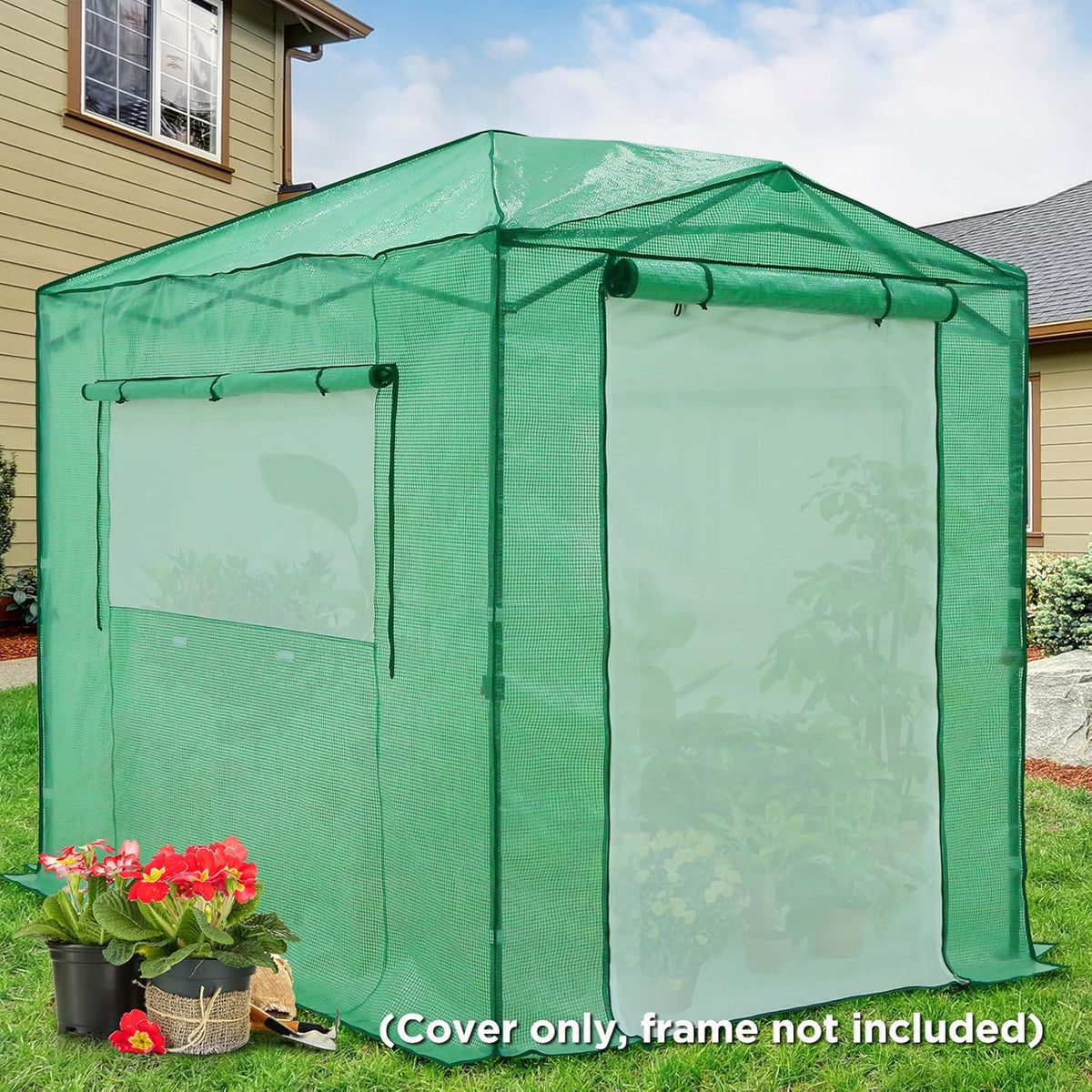 EAGLE PEAK Replacement Cover for 8x6 Portable Pop up Greenhouse, Dual Roll-up Zipper PE Door &
