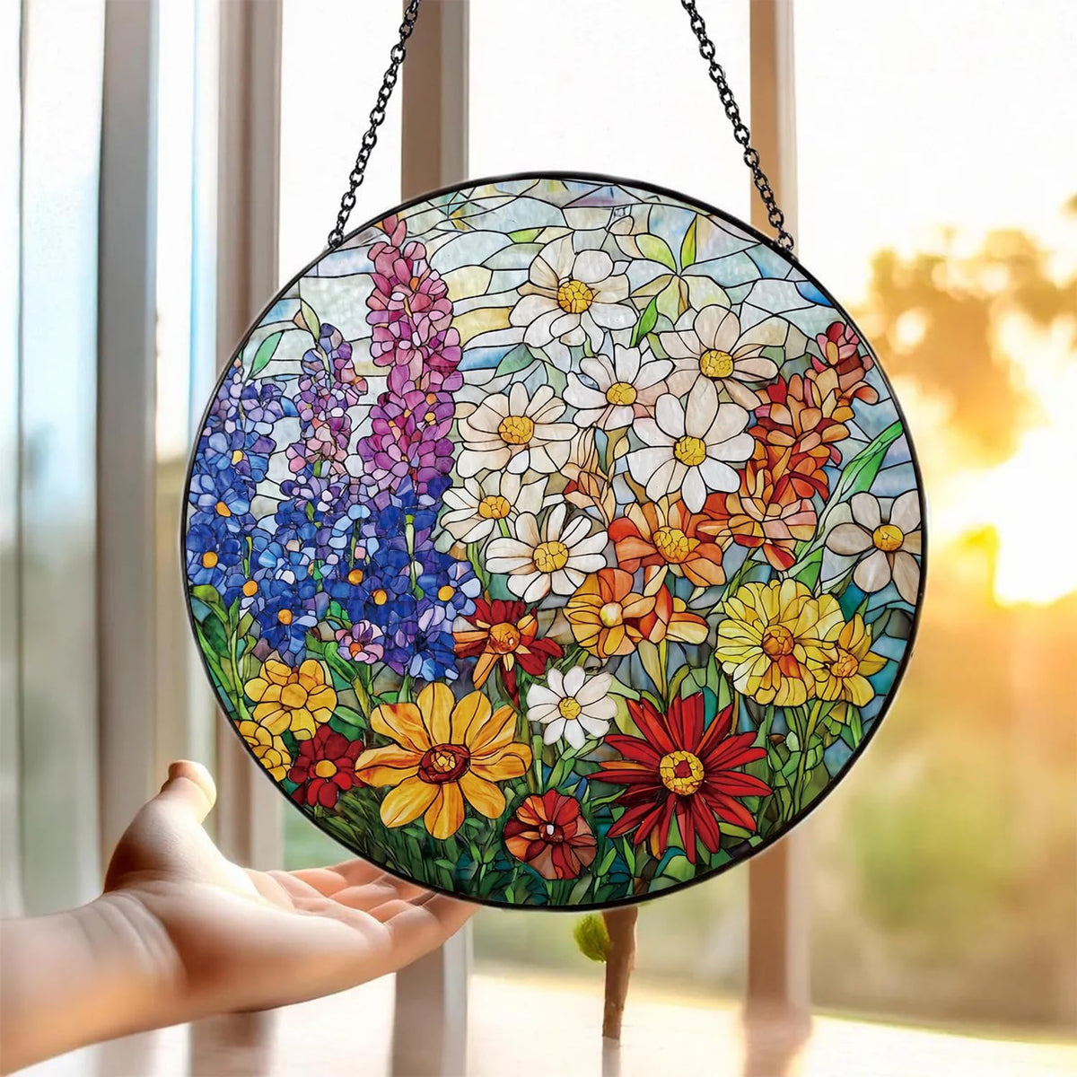 Colorful Wildflowers Suncatcher -7.9 in Stained Glass Window Hanging Sun Catcher Garden Decor