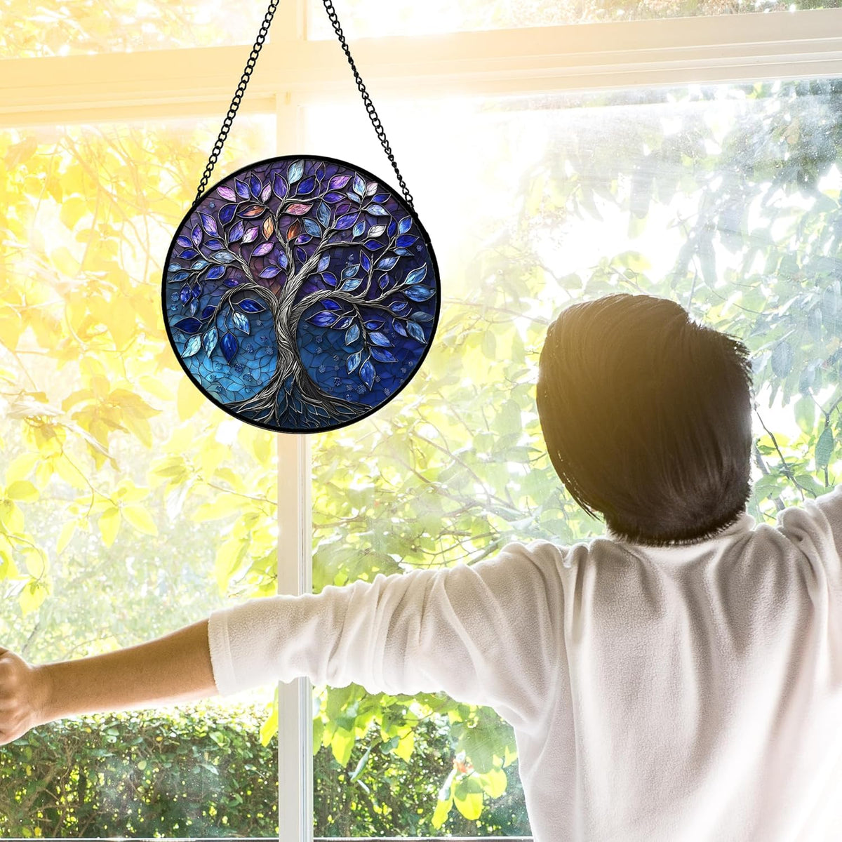 Stained Glass Window Hanging, Blue Purple Tree of Life Sun Catchers Colorful Glass Panel Plants