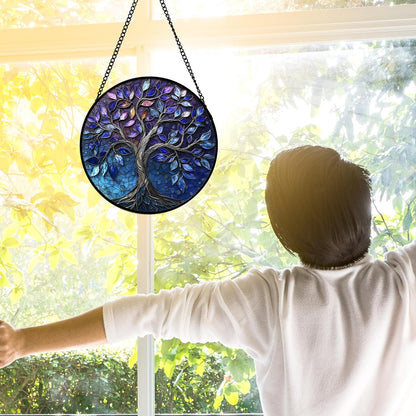 Stained Glass Window Hanging, Blue Purple Tree of Life Sun Catchers Colorful Glass Panel Plants