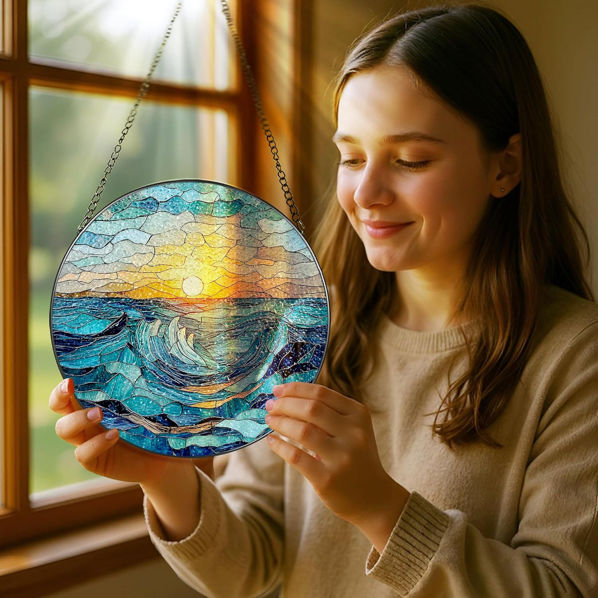 Stained Glass Window Hanging, Pauyadu 8 Inch Beach Stained Glass Suncatcher, Window Decoration