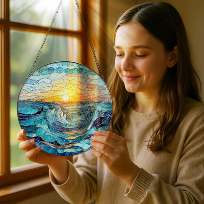 Stained Glass Window Hanging, Pauyadu 8 Inch Beach Stained Glass Suncatcher, Window Decoration
