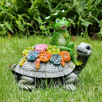 ILLUMINEW Solar Garden Outdoor Statues Turtle& Frog with Succulent and 8 LED Lights, Turtle