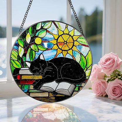 Stained Glass Window Hanging, 8 Inch Black Cat on Book Stained Glass Suncatcher, Window Decor