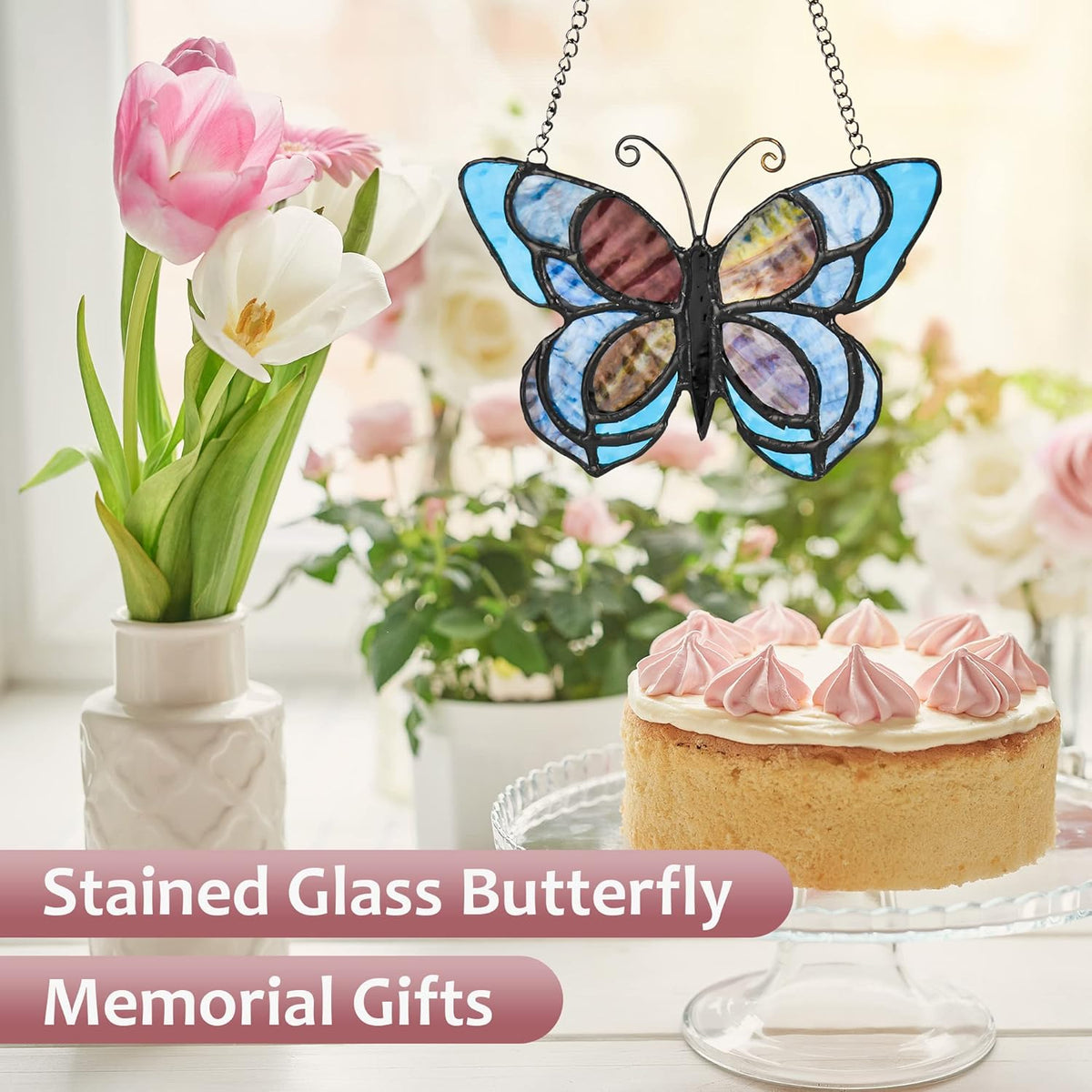 Blue Butterfly Suncatcher for Window Stained Glass Window Hanging Butterfly Gift for Mom, Women