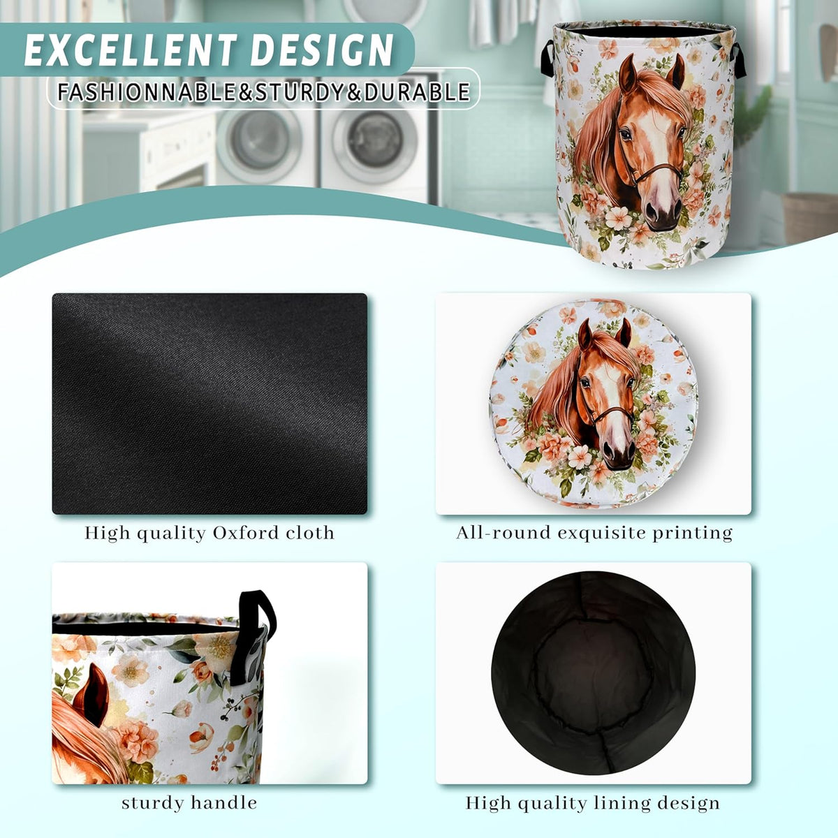 Watercolor Horse Laundry Basket Foldable With Handles Cute Animal Floral Tote Bag Oxford Cloth