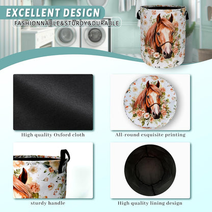 Watercolor Horse Laundry Basket Foldable With Handles Cute Animal Floral Tote Bag Oxford Cloth