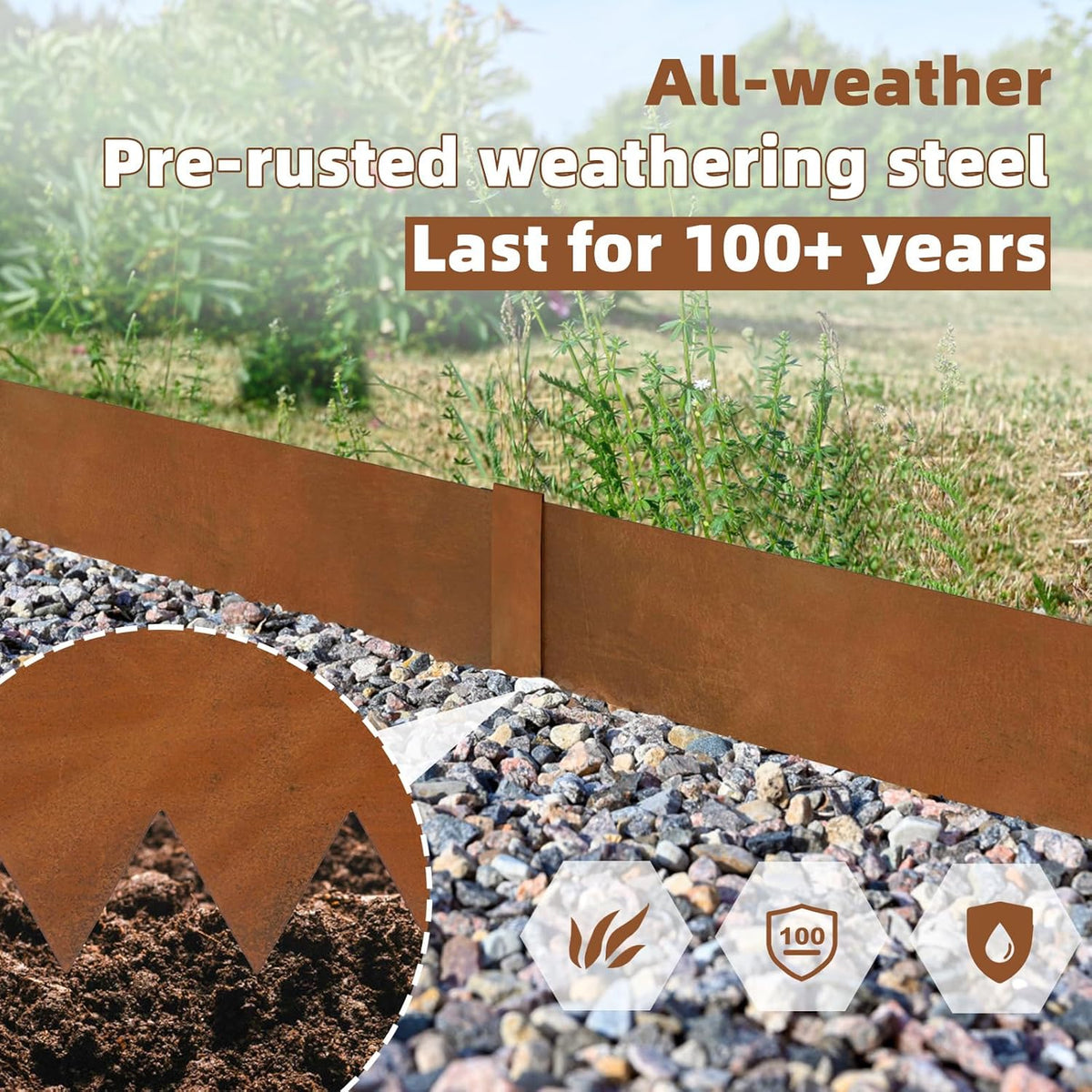 Weathering Steel Edging 6 Pack 40" L x 8" H Depth Corten Steel Landscape Edging Kit Rust Patina