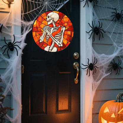 Stained Glass Window Hanging - Halloween Decorations Fear Skeleton Suncatcher for Doors Garden