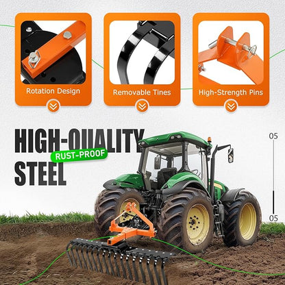 KUAFU 50" 3 Point Landscape Rock Rake for Category-0 Cat-0 Tractor with 360° Rotation Replaceable