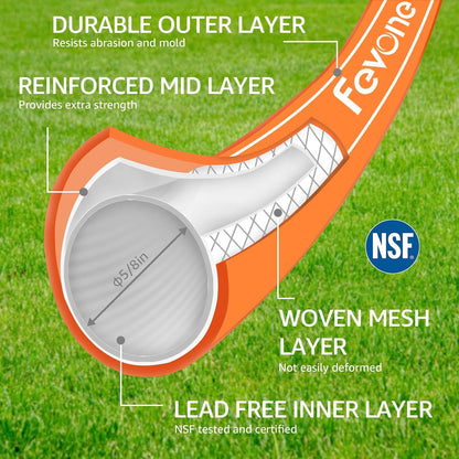 Fevone 100 ft x 5/8" Heavy Duty Garden Hose, Drinking Water Safe, Flexible & Kink-Free Hybrid