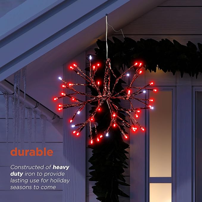 Alpine Corporation 10" H Indoor Christmas Twig 3D Hanging Snowflake Ornament with LED Lights, Red