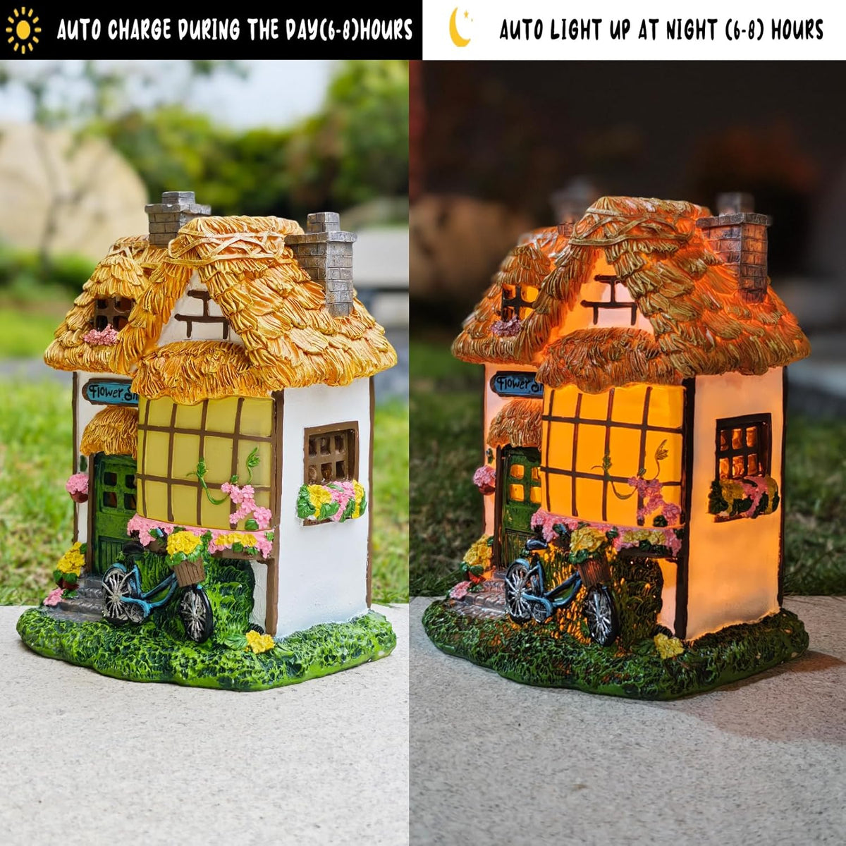 Prospect Thatched Cottage, Solar Statue Lights Mushroom Fairy House, Garden House Statues, Outdoor