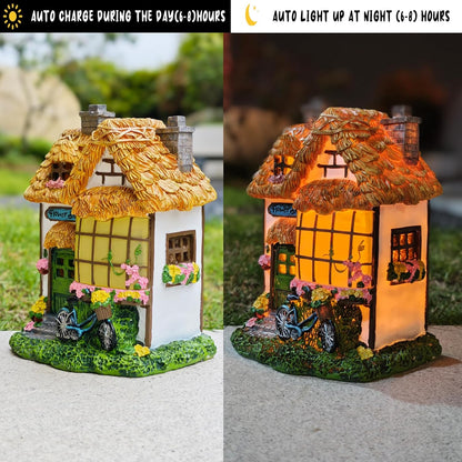 Prospect Thatched Cottage, Solar Statue Lights Mushroom Fairy House, Garden House Statues, Outdoor
