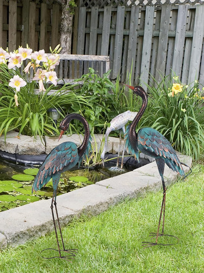 YEAHOME Garden Decor Outdoor Statues, 40"/37" Large Metal Heron Standing Yard Art, Blue Crane Lawn