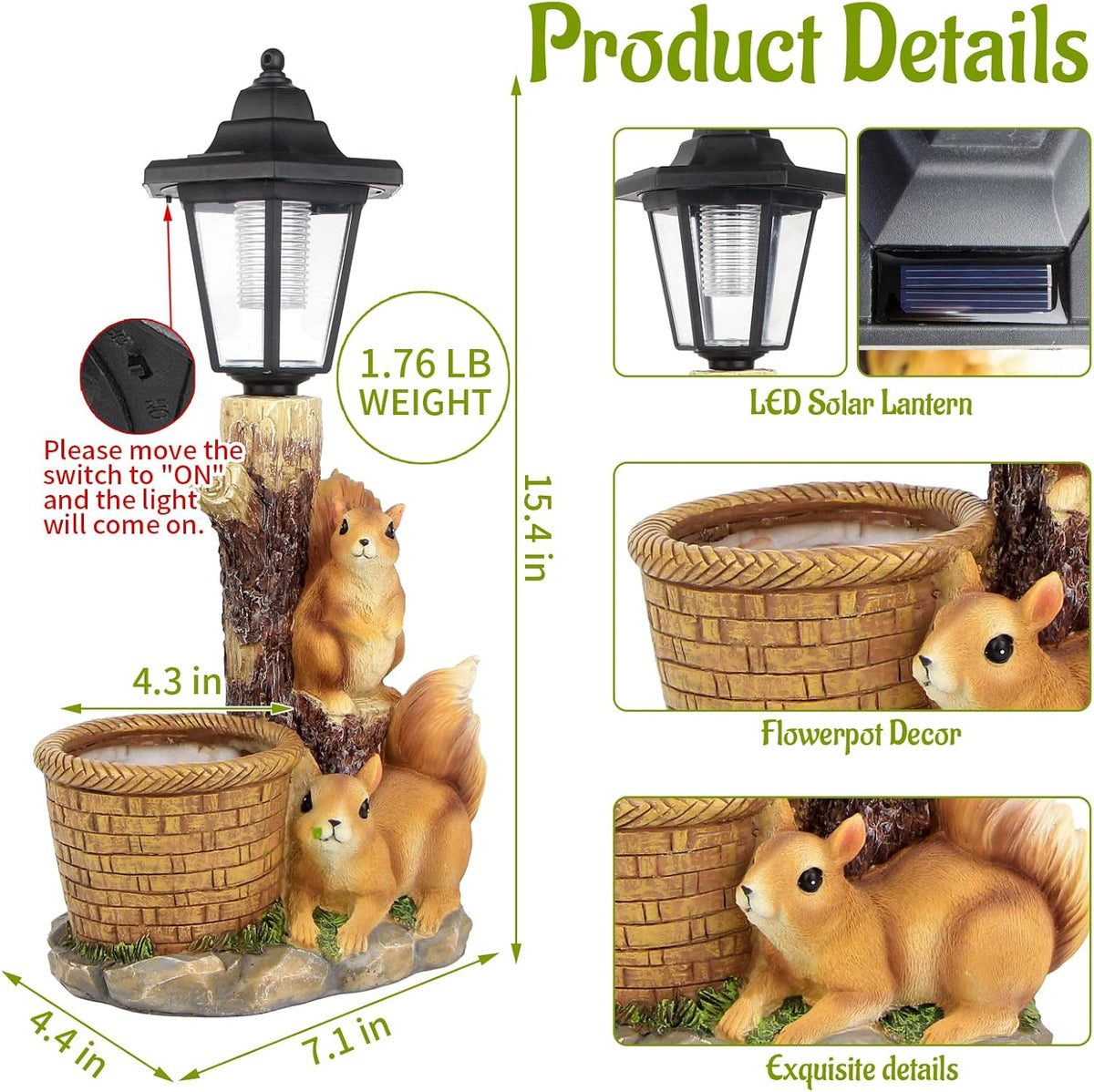 Solar Squirrels Outdoor Statues, Garden Sculptures with Flowerpot Decor & Solar Lantern for Yard