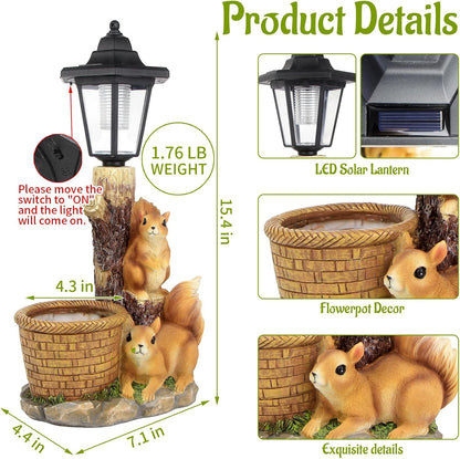 Solar Squirrels Outdoor Statues, Garden Sculptures with Flowerpot Decor & Solar Lantern for Yard