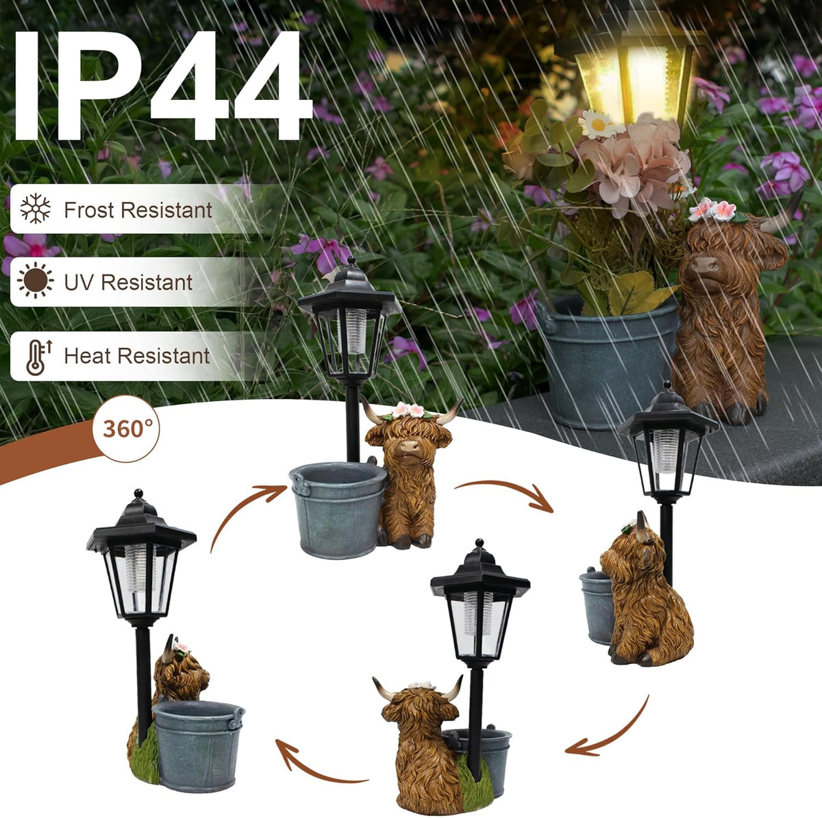 Highland Cow Statues Outdoor Solar Sculptures with Solar Lights and Flowerpot Funny Garden Decor