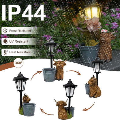 Highland Cow Statues Outdoor Solar Sculptures with Solar Lights and Flowerpot Funny Garden Decor