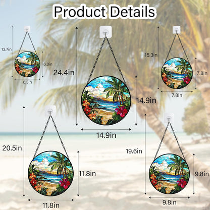 Stained Glass Window Hanging, Blue Beach Scenery Suncatcher Diamond Glass Panel Hangings Sun