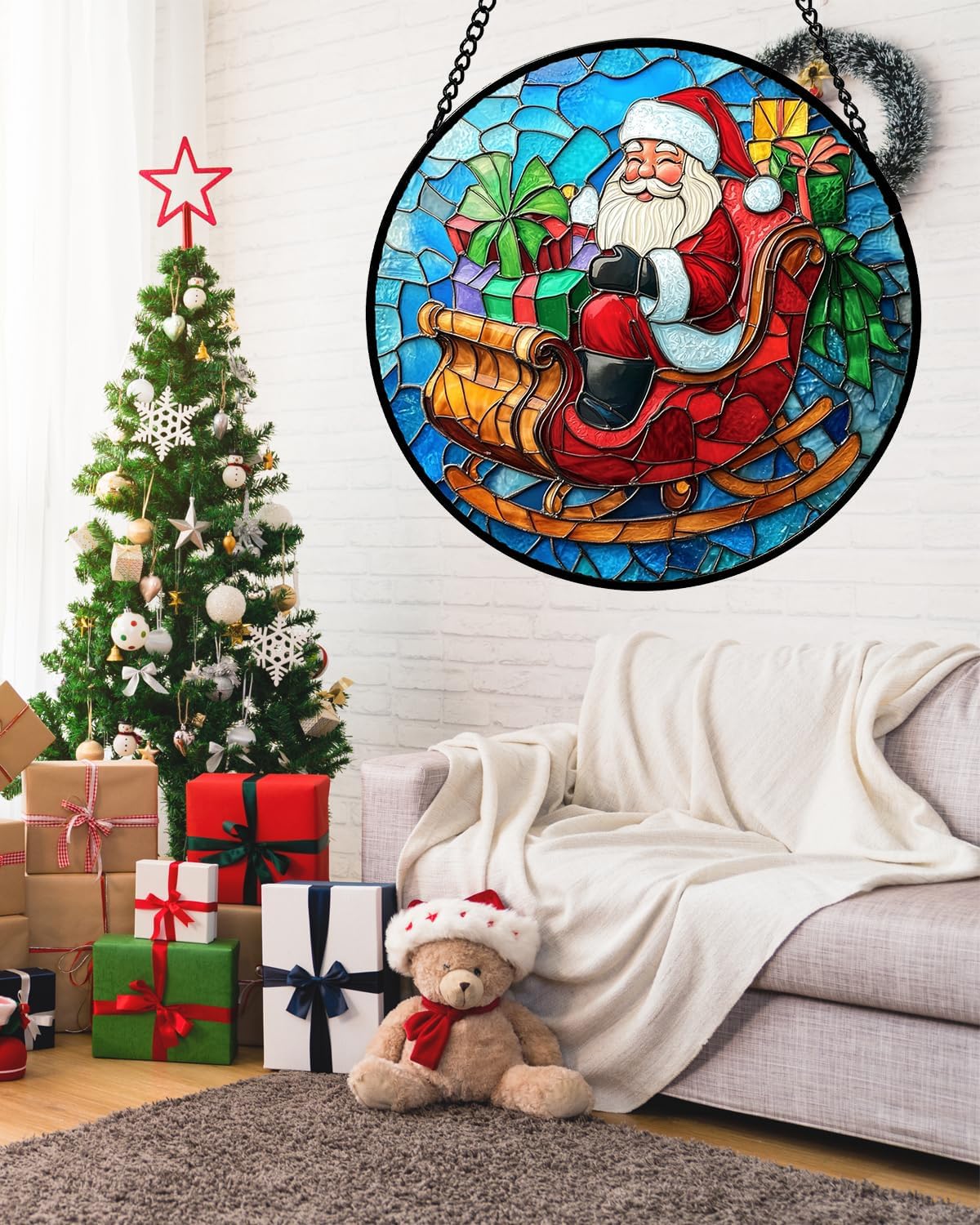 Stained Glass Window Hanging - Red Santa Claus Gift Box Suncatcher for Doors Home Christmas