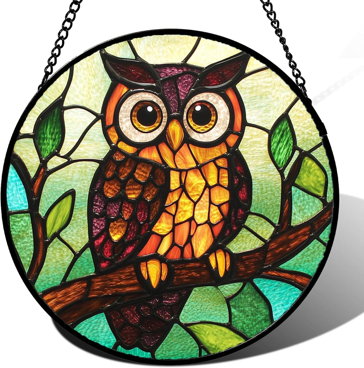 Stained Glass Window Hanging - Owl on a Branch Suncatcher for Doors Window Home Orange Brown Sun