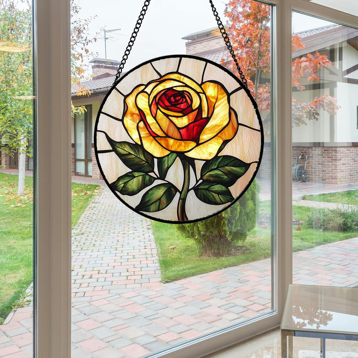 Stained Glass Window Hanging - Elegant Yellow Rose Flower Sun Catcher for Door Garden Home Decor