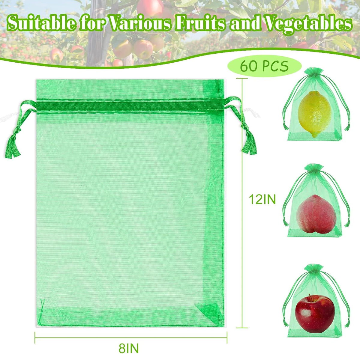 Morcheiong 60Pcs Protection Bags 8" x 12", Reusable Netting for Fruit Trees, Garden Mesh With