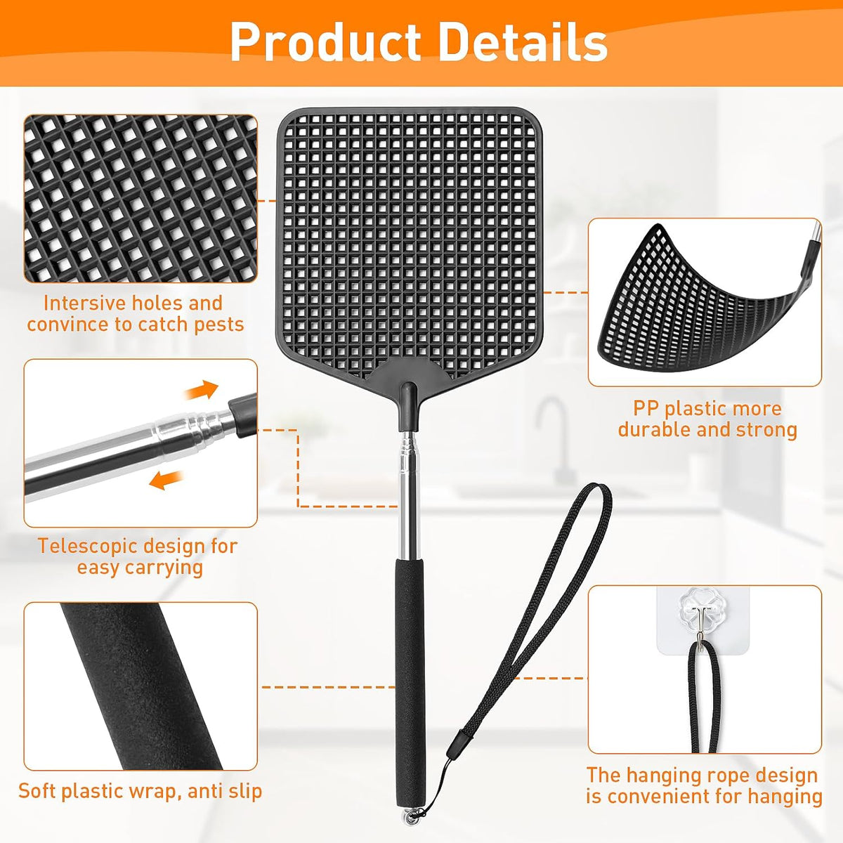 Telescopic Fly Swatters 2 Pack, Premium Plastic Flyswatter, Fly Swatter Heavy Duty for Indoor