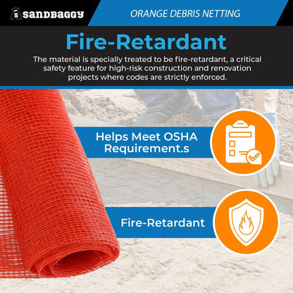 Sandbaggy Fire Resistant Debris & Safety Netting | Orange Construction HDPE Mesh (1, 4 ft x 150 ft)