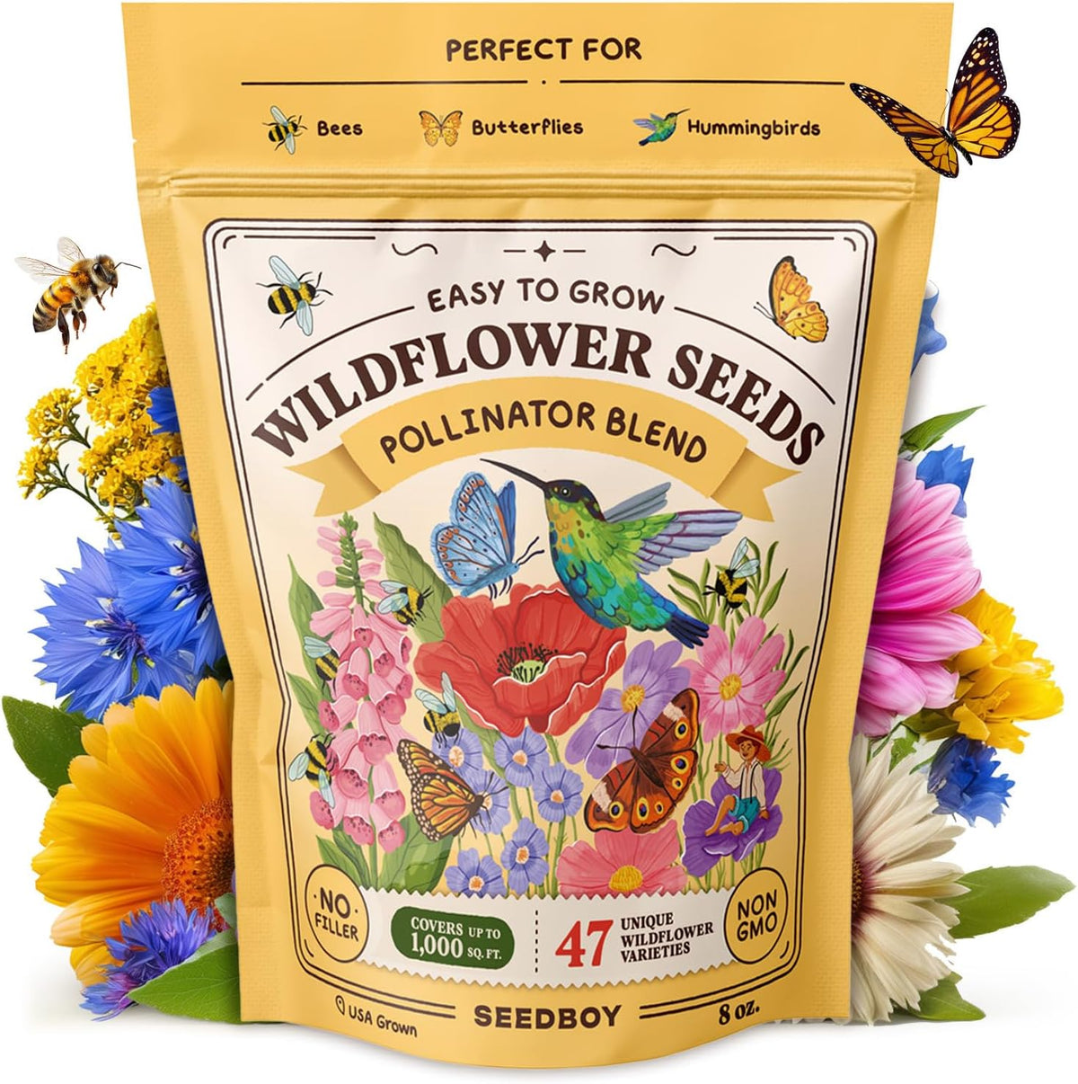 Seedboy Wildflowers for Pollinators Seed Mix – 8 oz Bulk Wildflower Seeds - 160,000+ Non-GMO Annual