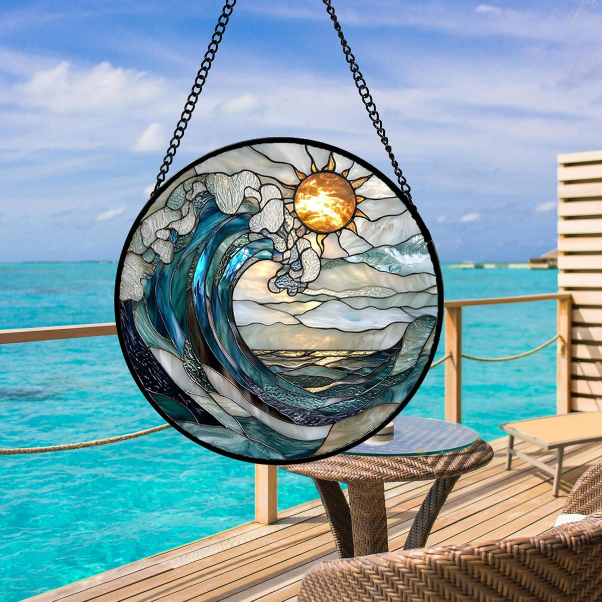 Stained Glass Window Hanging, Blue and White Waves Suncatcher Diamond Glass Panel Landscape Sun