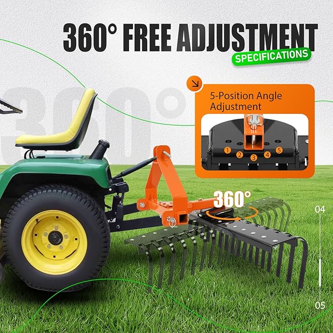 KUAFU 50" 3 Point Landscape Rock Rake for Category-0 Cat-0 Tractor with 360° Rotation Replaceable
