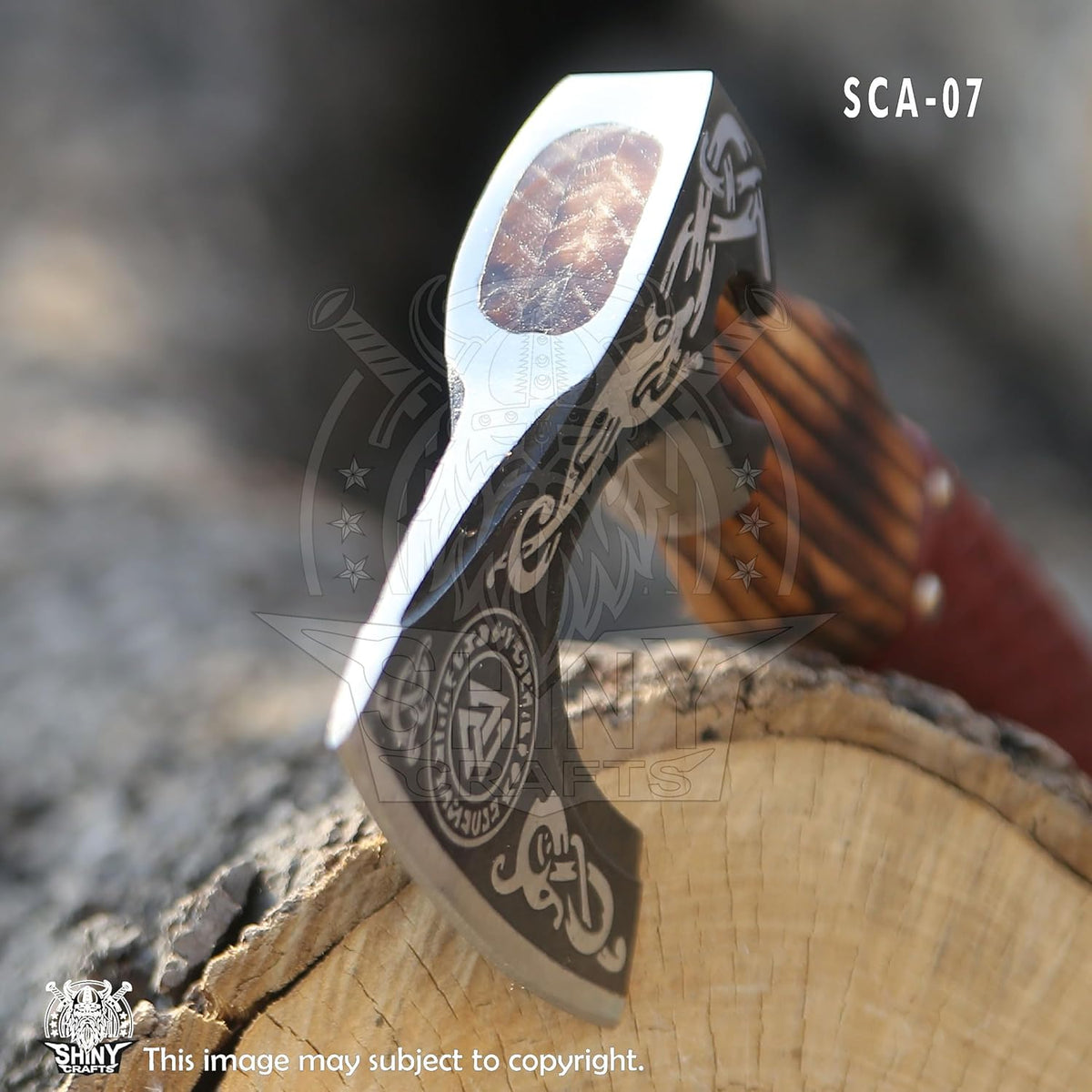 SHINY CRAFTS® Handcrafted Decorative Viking Axe with Leather-Wrapped Handle & Sheath – Engraved