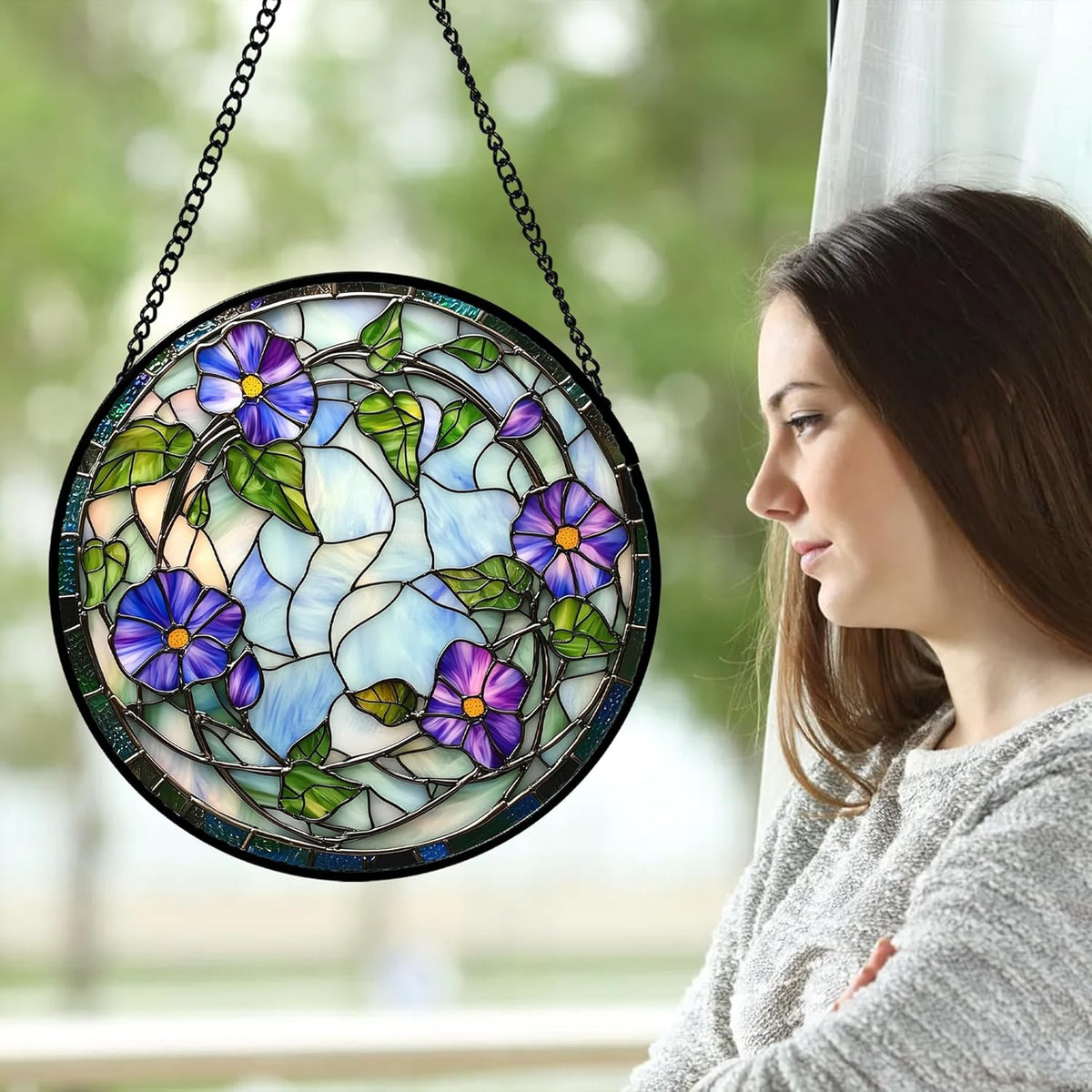 Stained Glass Window Hanging, Purple Morning Glory Flowers Suncatcher for Doors Window Home Plant