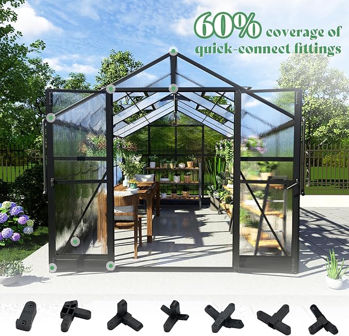 AMERLIFE 8x12x7FT Polycarbonate Greenhouse, Walk in Greenhouse with Quick-Connect System, Green