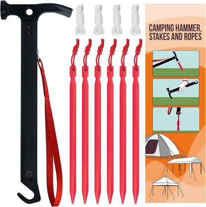 Eurmax USA Hiking Camping Tent Stakes and Hammer Set Lightweight Multi-Function Tent Hammer with