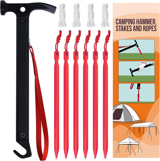 Eurmax USA Hiking Camping Tent Stakes and Hammer Set Lightweight Multi-Function Tent Hammer with