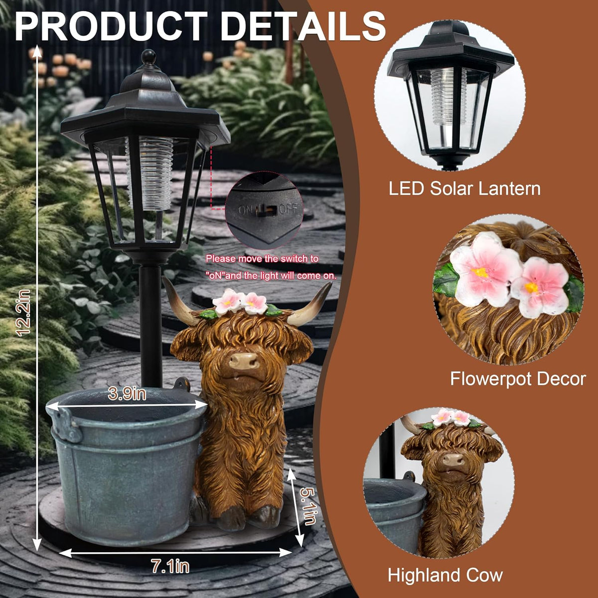 Highland Cow Statues Outdoor Solar Sculptures with Solar Lights and Flowerpot Funny Garden Decor