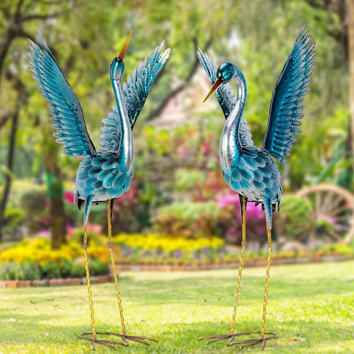 Natelf Garden Crane Statues for Outdoor, Blue Heron Decoy Courtyard Sculptures, Standing Metal Bird