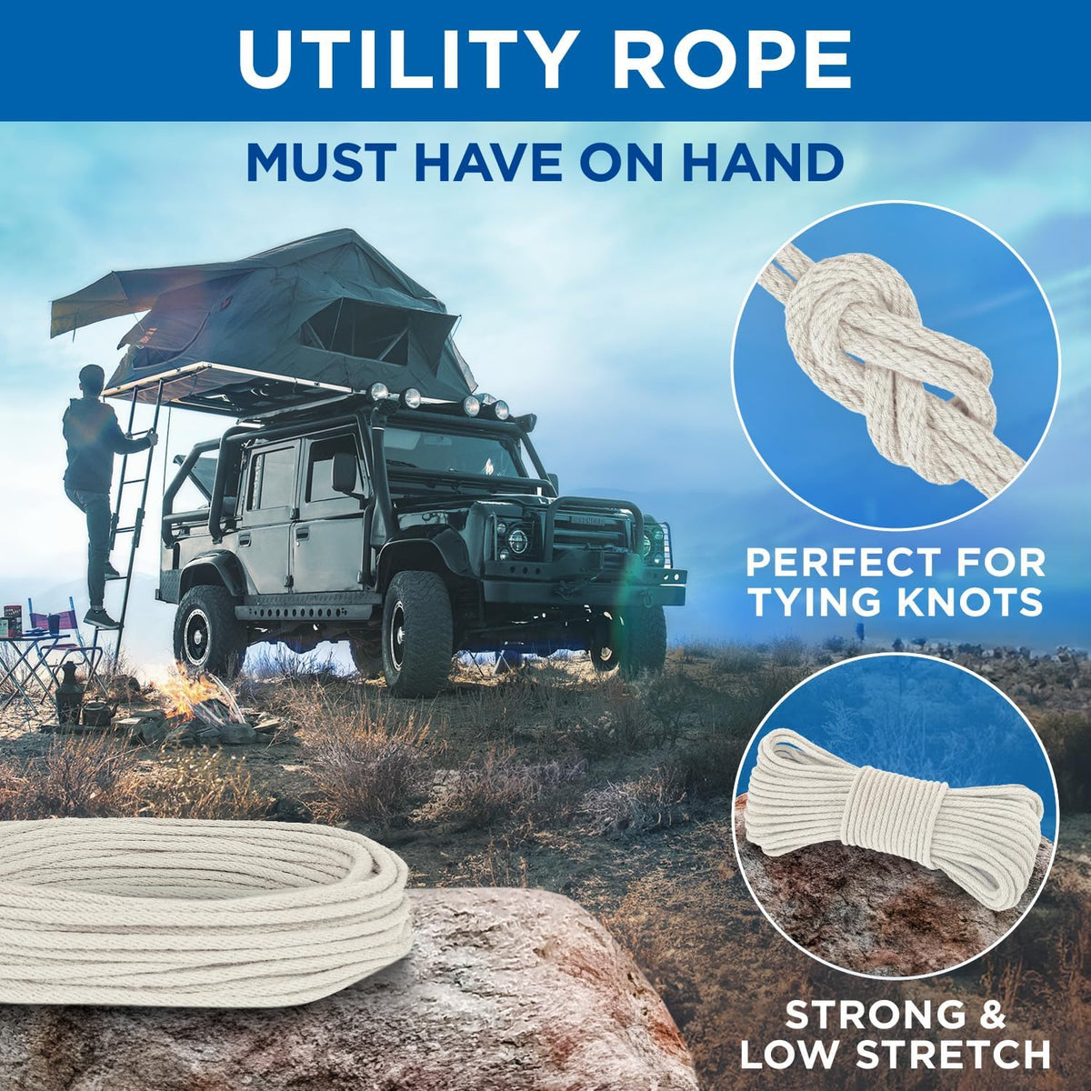 TECEUM 500lb Cotton Rope 3/16” (5 mm) – 100 FT – Strong All-Purpose Braided Rope – Natural Cotton
