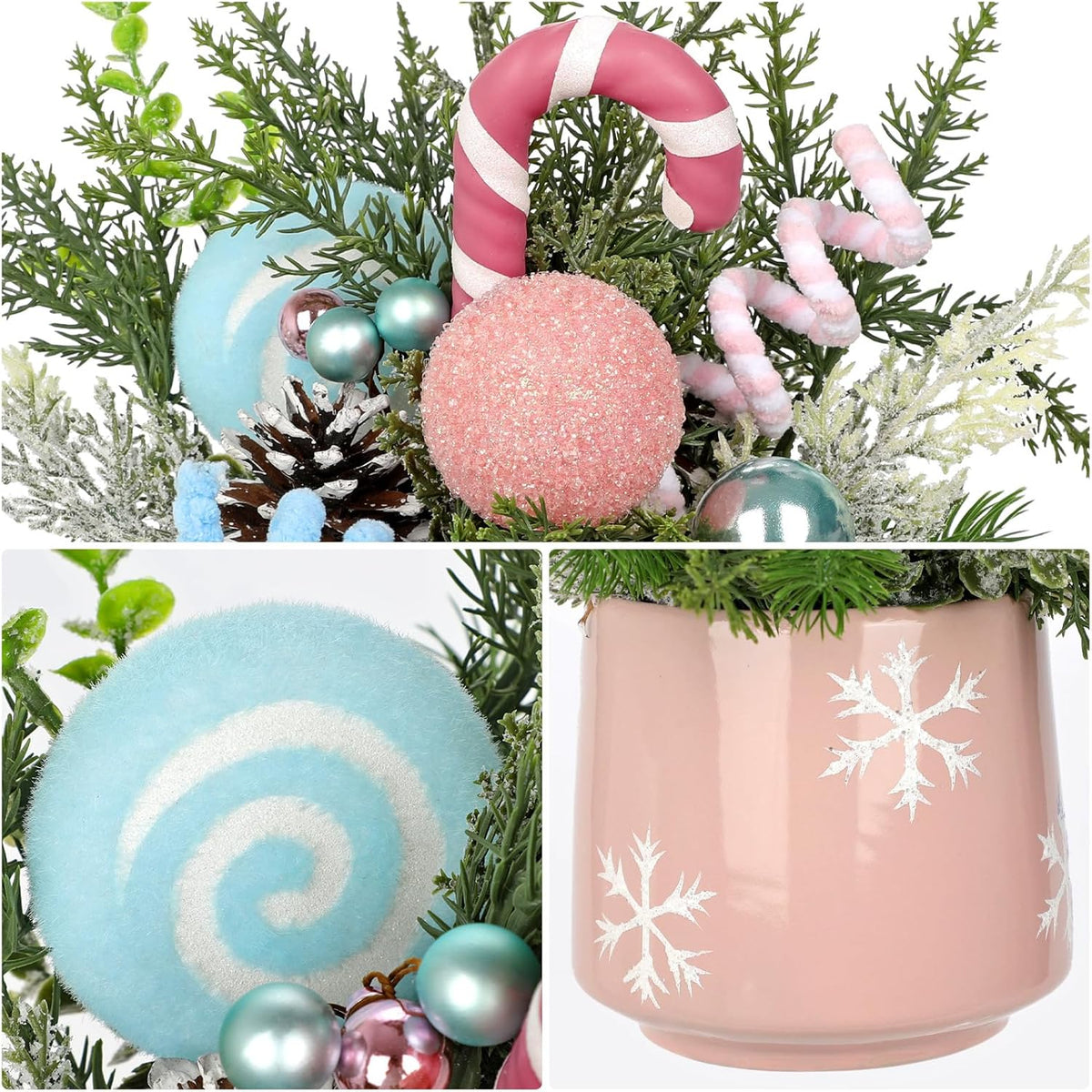 Christmas Centerpieces for Tables, Small Christmas Table Arrangements with Ceramic Vase Pink & Blue