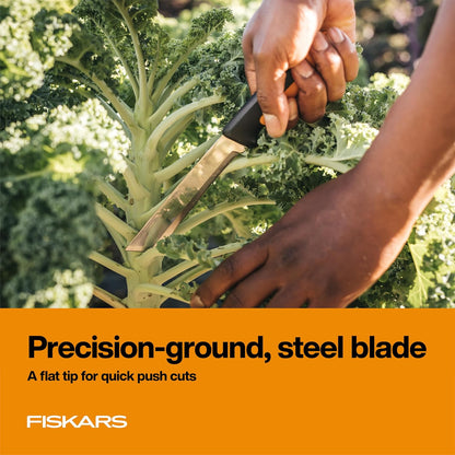 Fiskars Harvesting Knife with Serrated Edge, Gardening Hand Tool with Flat Tip Blade and Sheath