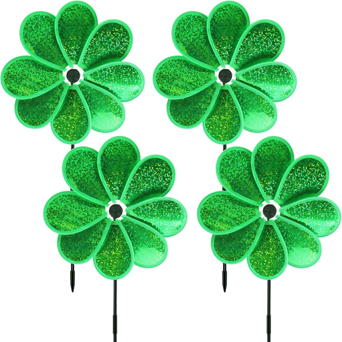 4PCS Flower Wind Spinner Sparkly Lawn Pinwheel 11.8 inch Green Garden Windmill for Christmas