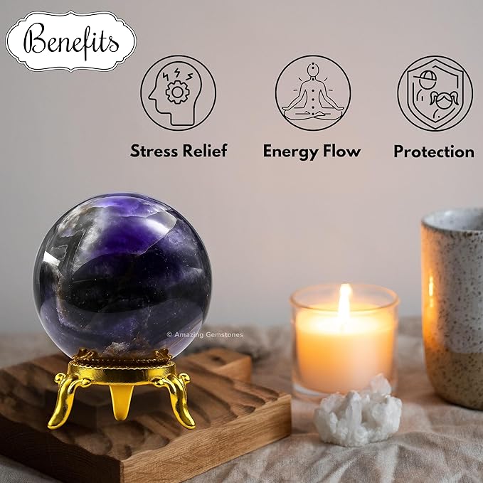 Amazing Gemstone Amethyst Chevron Crystal Ball with Stand - 2" Inches Crystal Sphere Meditation